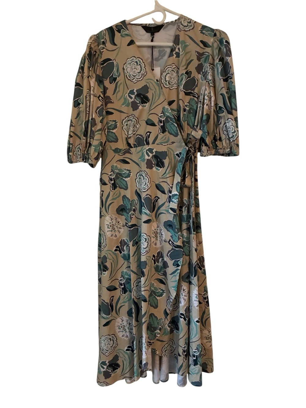 NWT Abbey Glass Diane Wrap Dress in Tan & Teal Floral - Size L